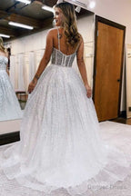 Silver Ombre Sequins Princess Straps A Line Prom Gowns