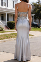 Silver Pleated Sheer Long Corset Satin Prom Dresses
