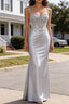 Silver Pleated Sheer Long Corset Satin Prom Dresses