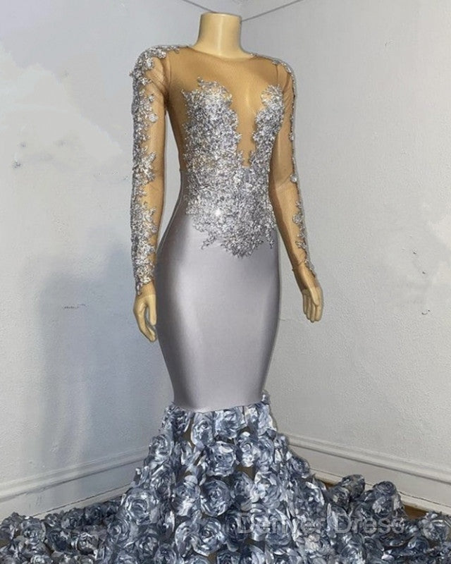 Silver Rosette Long Sleeve Mermaid Prom Dresses Secondary image