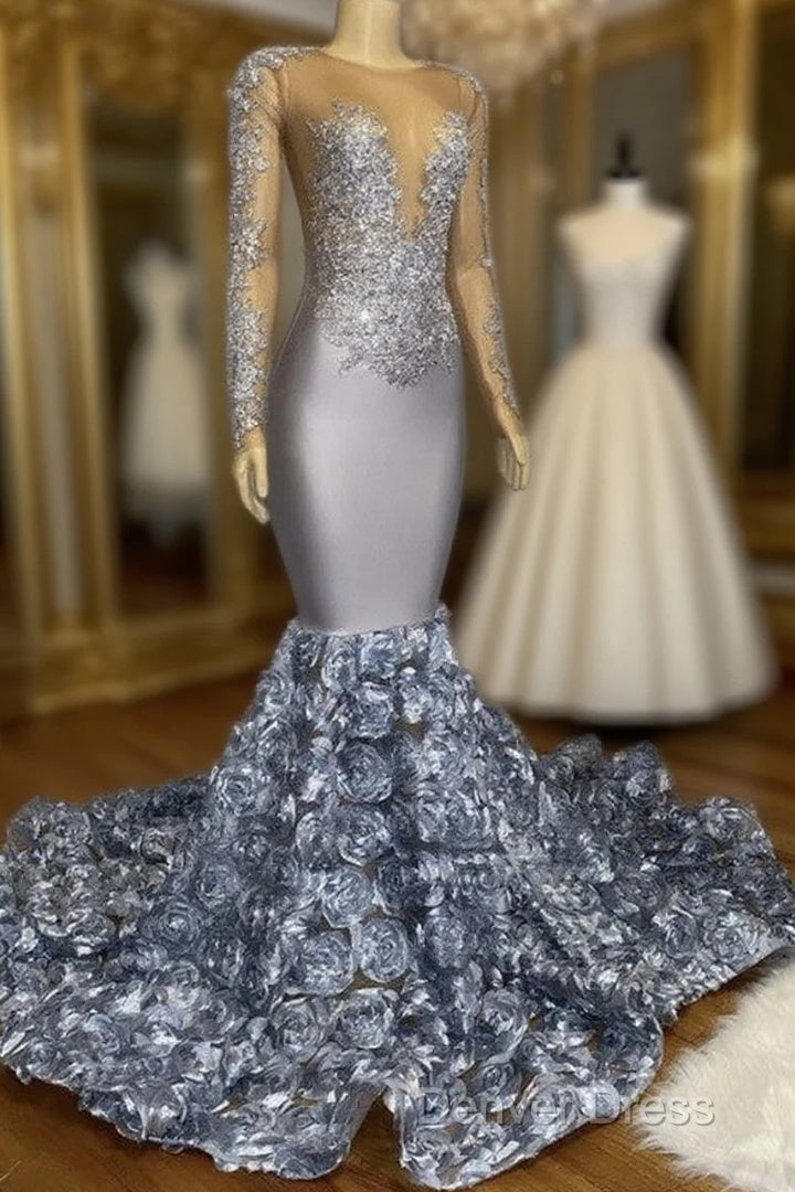 Silver Rosette Long Sleeve Mermaid Prom Dresses Main image