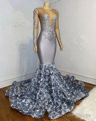 Silver Rosette Long Sleeve Mermaid Prom Dresses