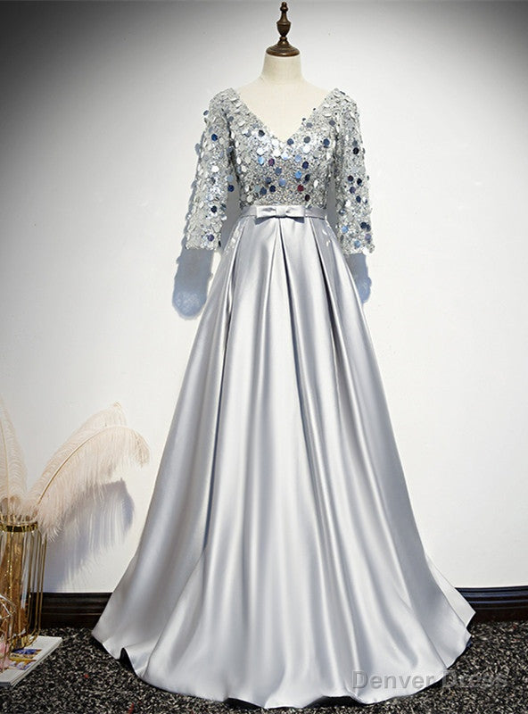 Silver Satin Sequins Deep V-neck Short Sleeve Prom Dress Main image