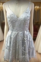 Silver Sequin Lace V Neck Tulle Homecoming Dresses Short Prom Gown