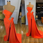 Silver Sequined One Shoulder Orange High split Prom Dresses