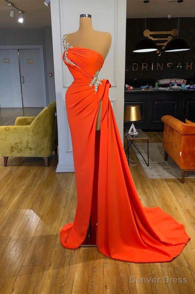 Silver Sequined One-shoulder Orange High-split Prom Dress Main image