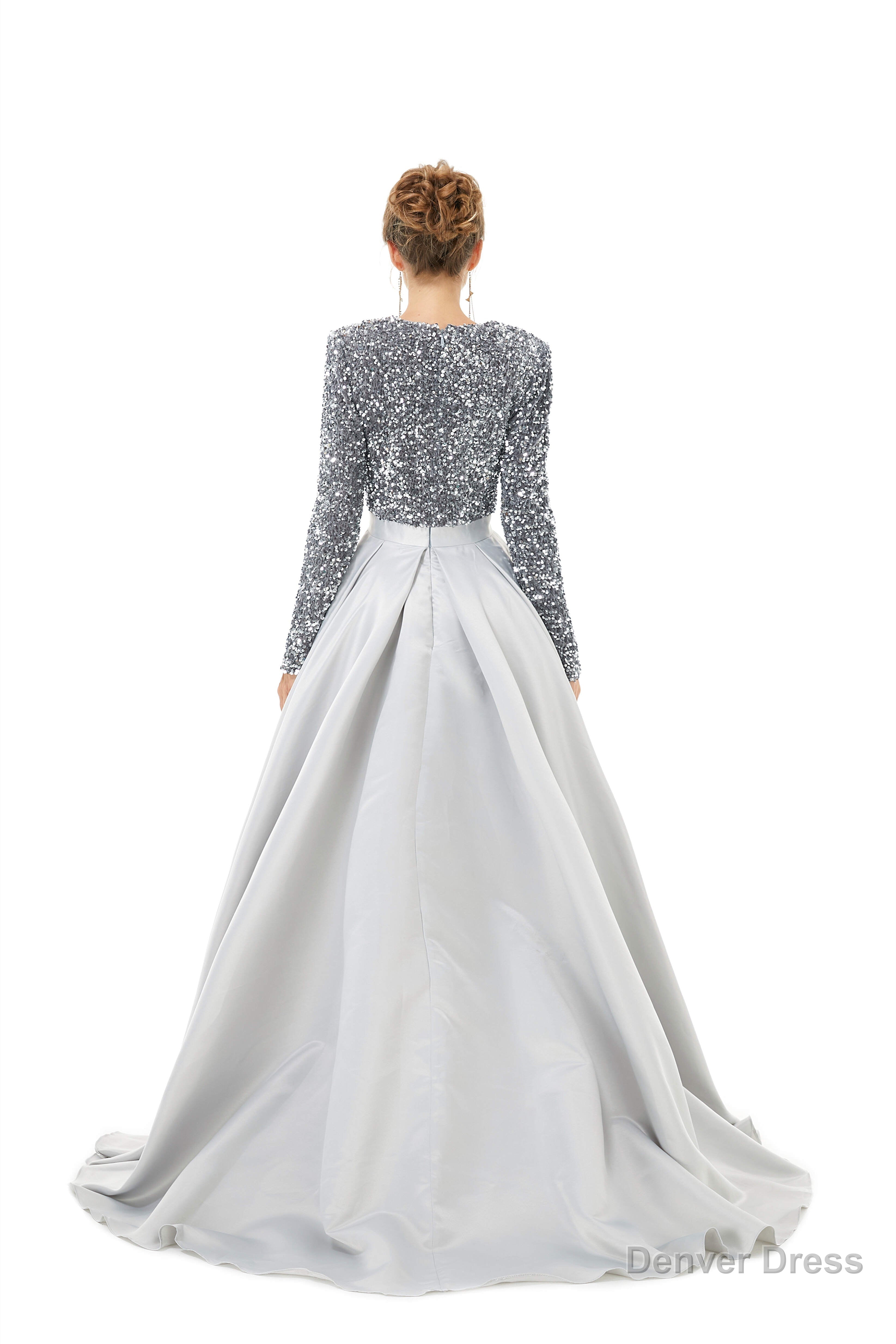 Sequined Satin A Line Front Slit V Neck Full Sleeve Sweep Train Long Prom Dresses
