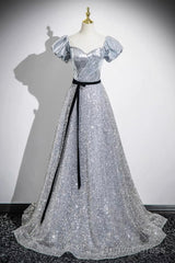 Silver Sequins Floor Length Short Sleeve Prom Dress, Sparkly A-Line Off The Shoulder Party Dress