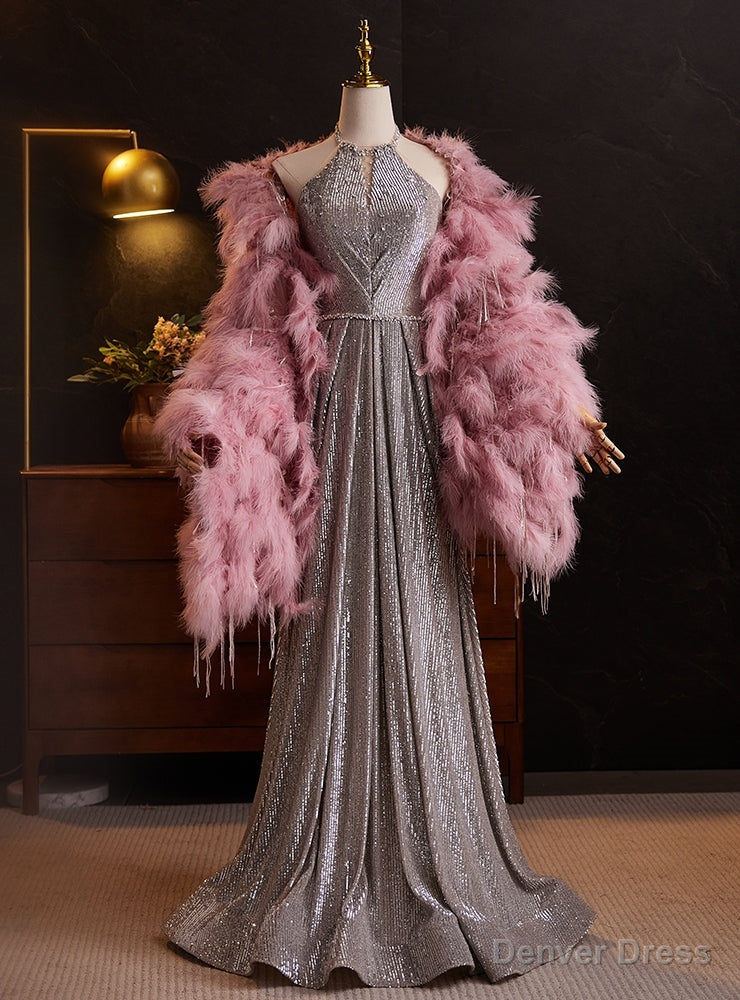 Silver Sequins Halter Beading Prom Dress With Feather Shawl Main image