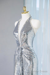 Silver Sequins Long Prom Dress, Shiny V-Neck Evening Party Dress