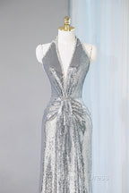 Silver Sequins Long Prom Dresses, Shiny V-Neck Evening Party Dresses