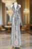 Silver Sequins Long Prom Dresses, Shiny V-Neck Evening Party Dresses