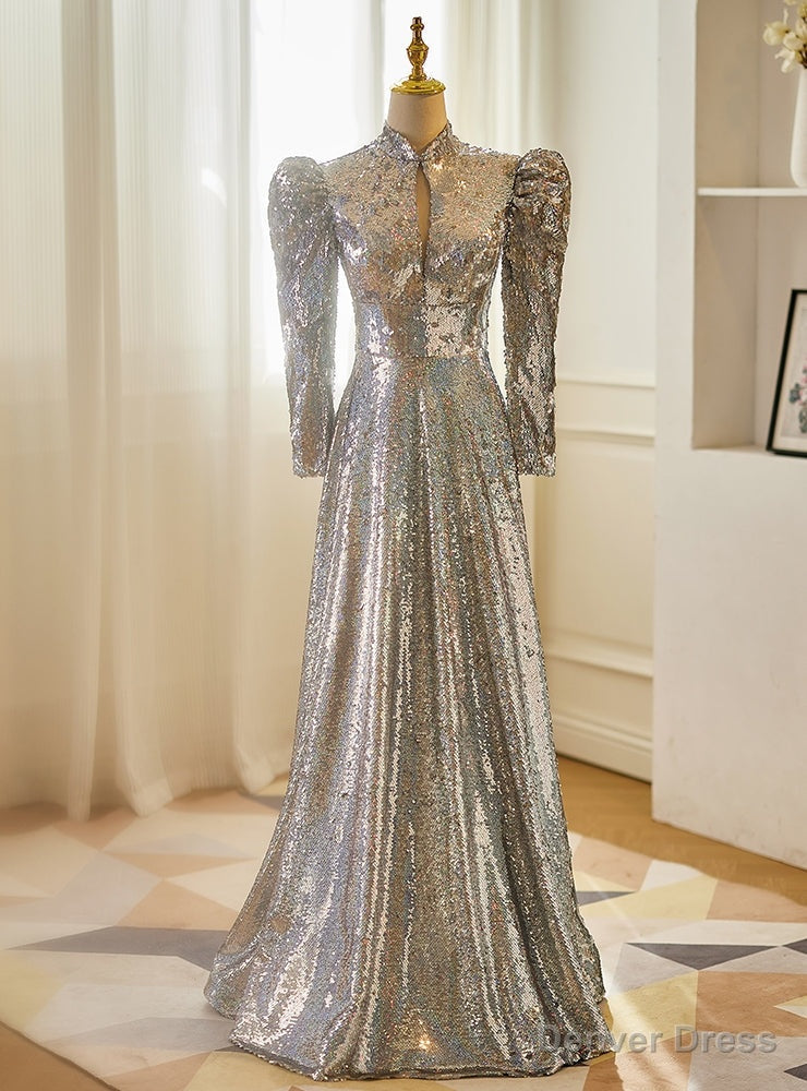 Silver Sequins Long Sleeve High Neck Prom Dress Main image