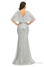 Sequins Mermaid Cape Sleeves V Neck Prom Dresses