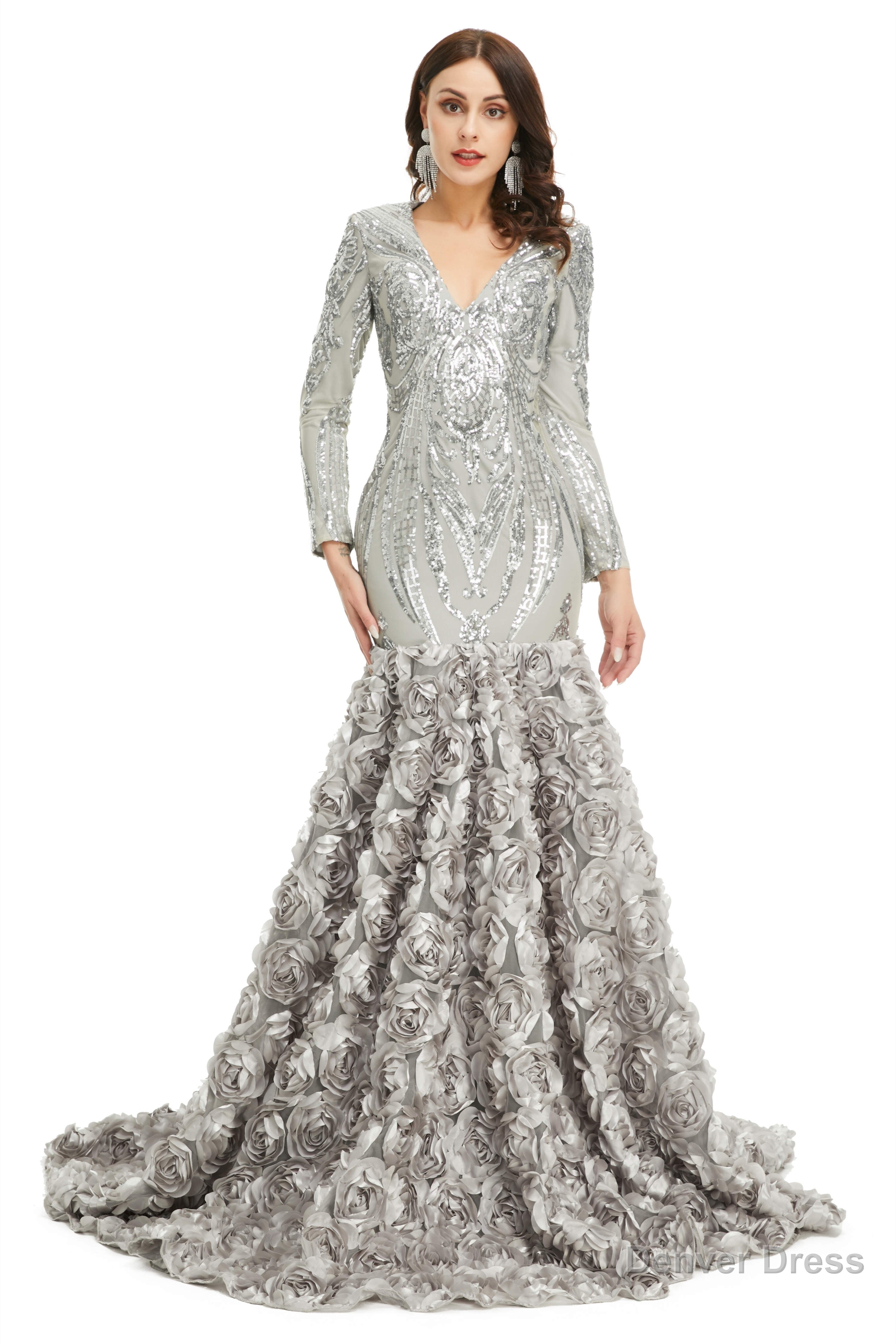 Sequins Mermaid Long V Neck Prom Dresses Full Sleeve