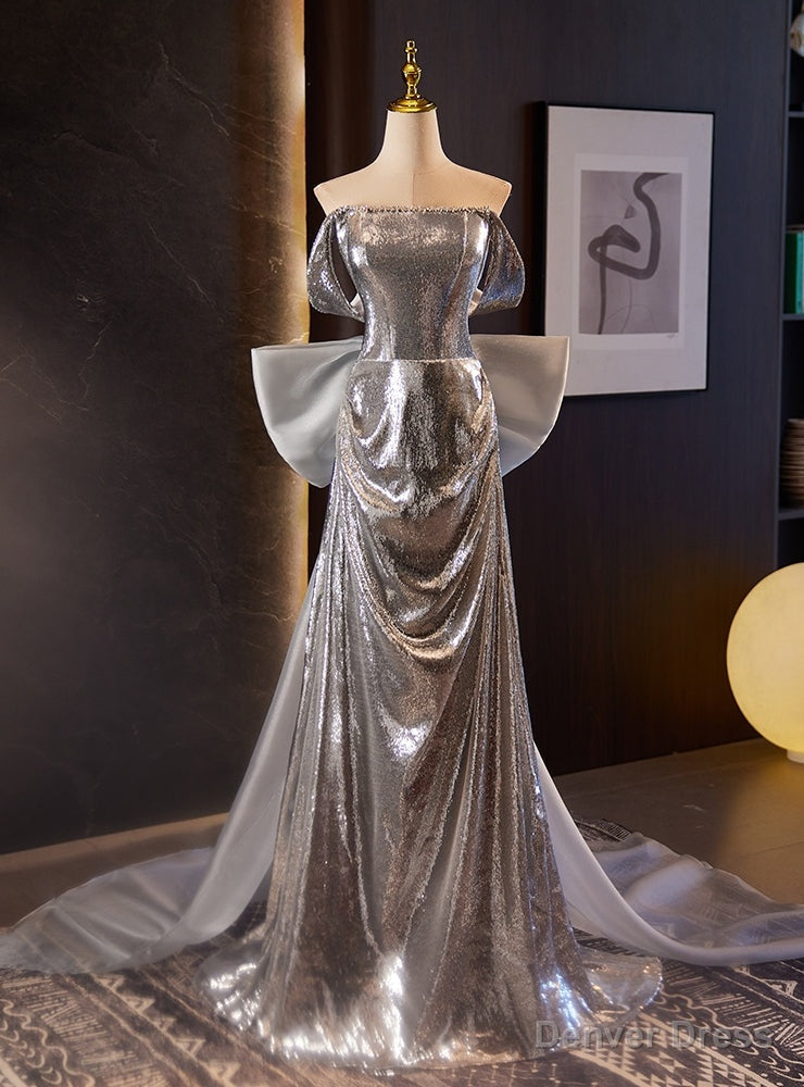 Silver Sequins Off the Shoulder Pleats Prom Dress Main image