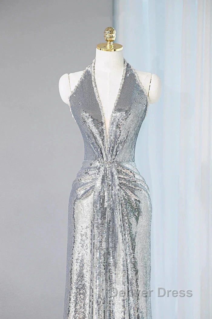 Silver Sequins Sheath V-Neck Long Prom Dresses Shiny Evening Dresses Secondary image