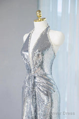 Silver Sequins Sheath V-Neck Long Prom Dress Shiny Evening Dress