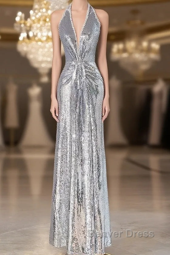 Silver Sequins Sheath V-Neck Long Prom Dresses Shiny Evening Dresses Main image