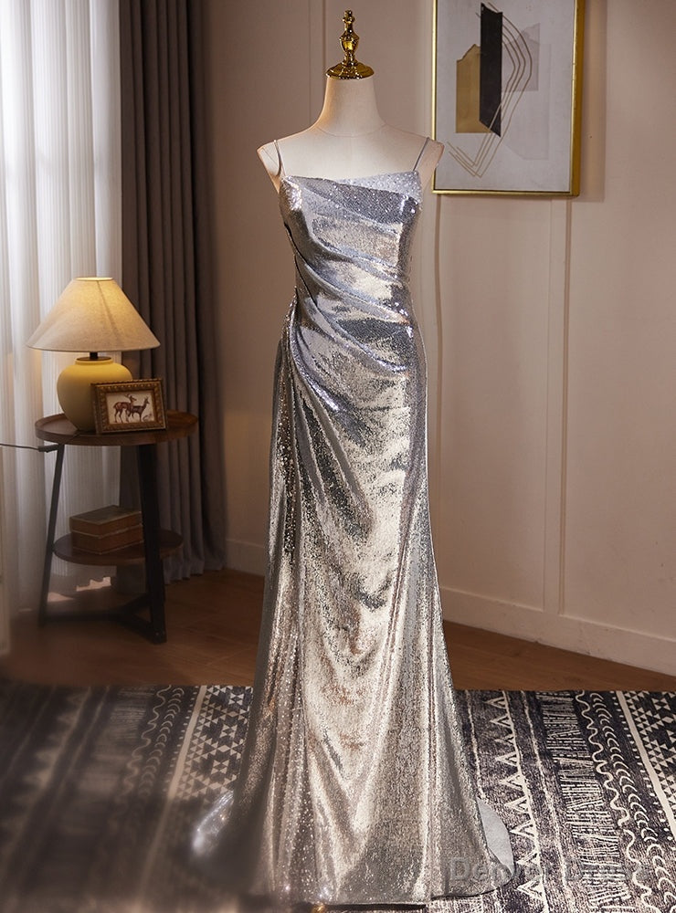 Silver Sequins Spaghetti Straps Pleats Prom Dress Main image