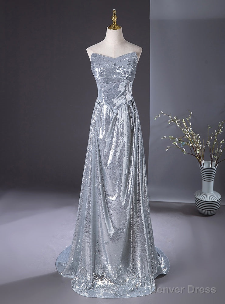 Silver Sequins Strapless Pleats Prom Dress Main image