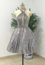 Silver Sexy Halter Sequined Backless Short Homecoming Dress, Sparkly Prom Dresses