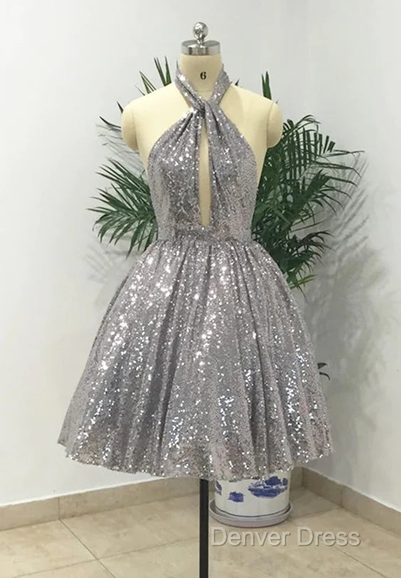 Silver Sexy Halter Sequined Backless Short Homecoming Dress, Sparkly Prom Dresses