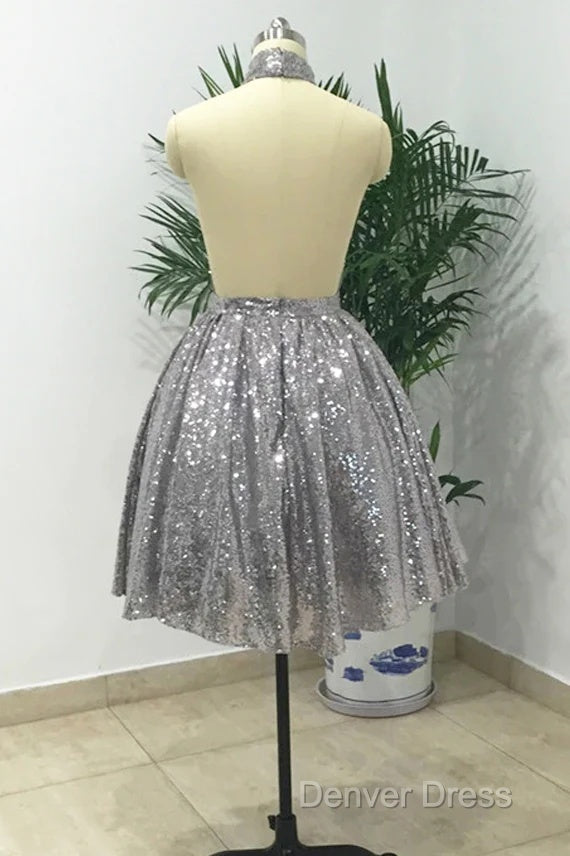 Silver Sexy Halter Sequined Backless Short Homecoming Dress, Sparkly Prom Dresses