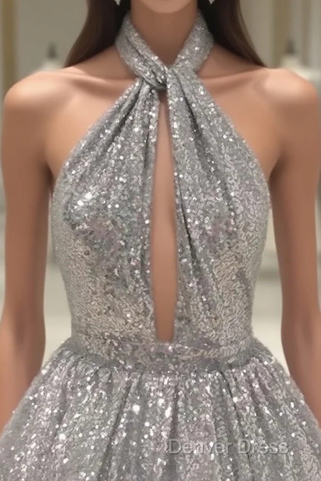 Silver Sexy Halter Sequined Backless Short Homecoming Dress, Sparkly Prom Dresses Main image