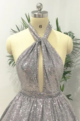 Silver Sexy Halter Sequined Backless Short Homecoming Dress, Sparkly Party Dress