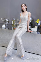Shining V Neck Sequin Sleeveless Prom Jumpsuit