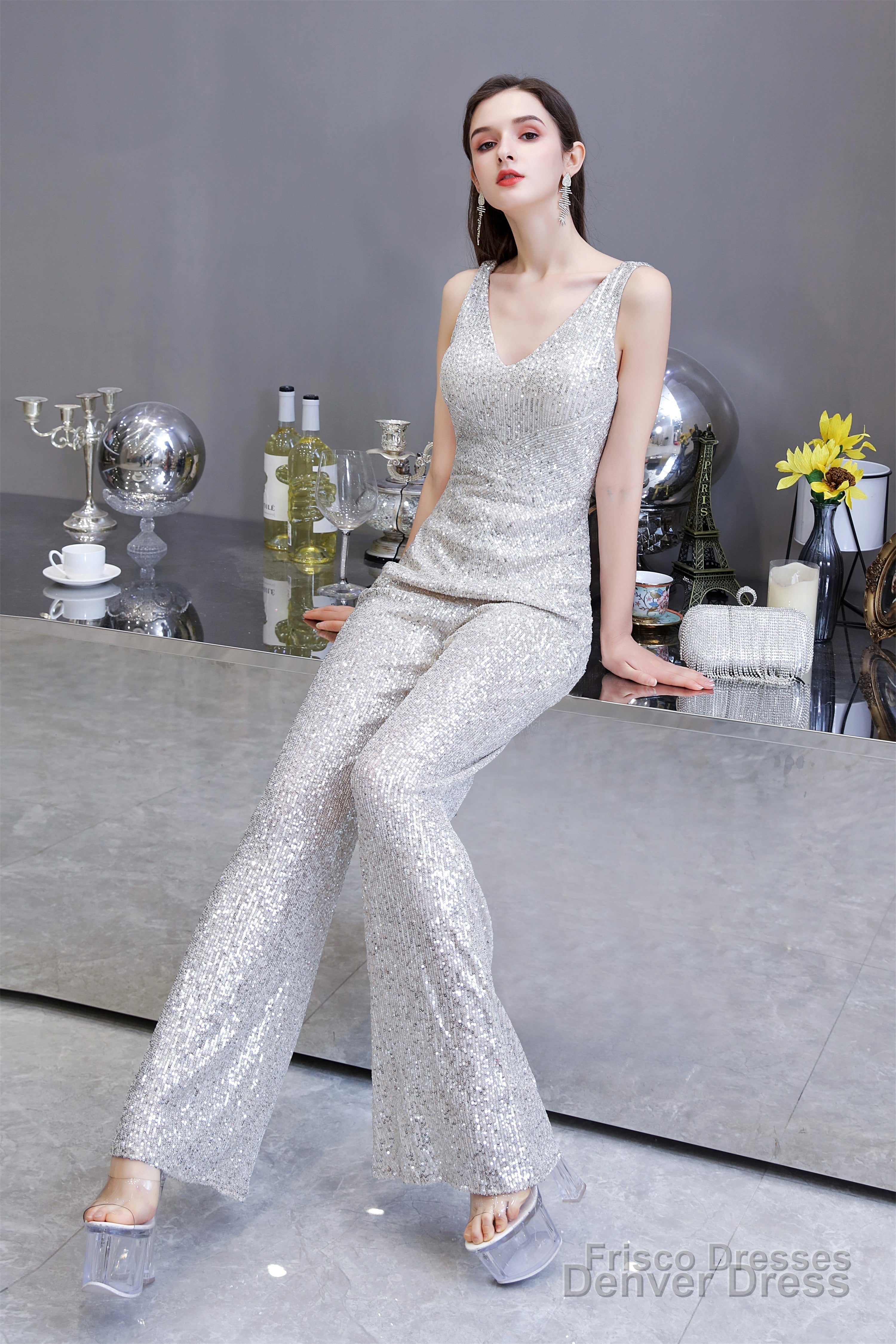 Shining V Neck Sequin Sleeveless Prom Jumpsuit