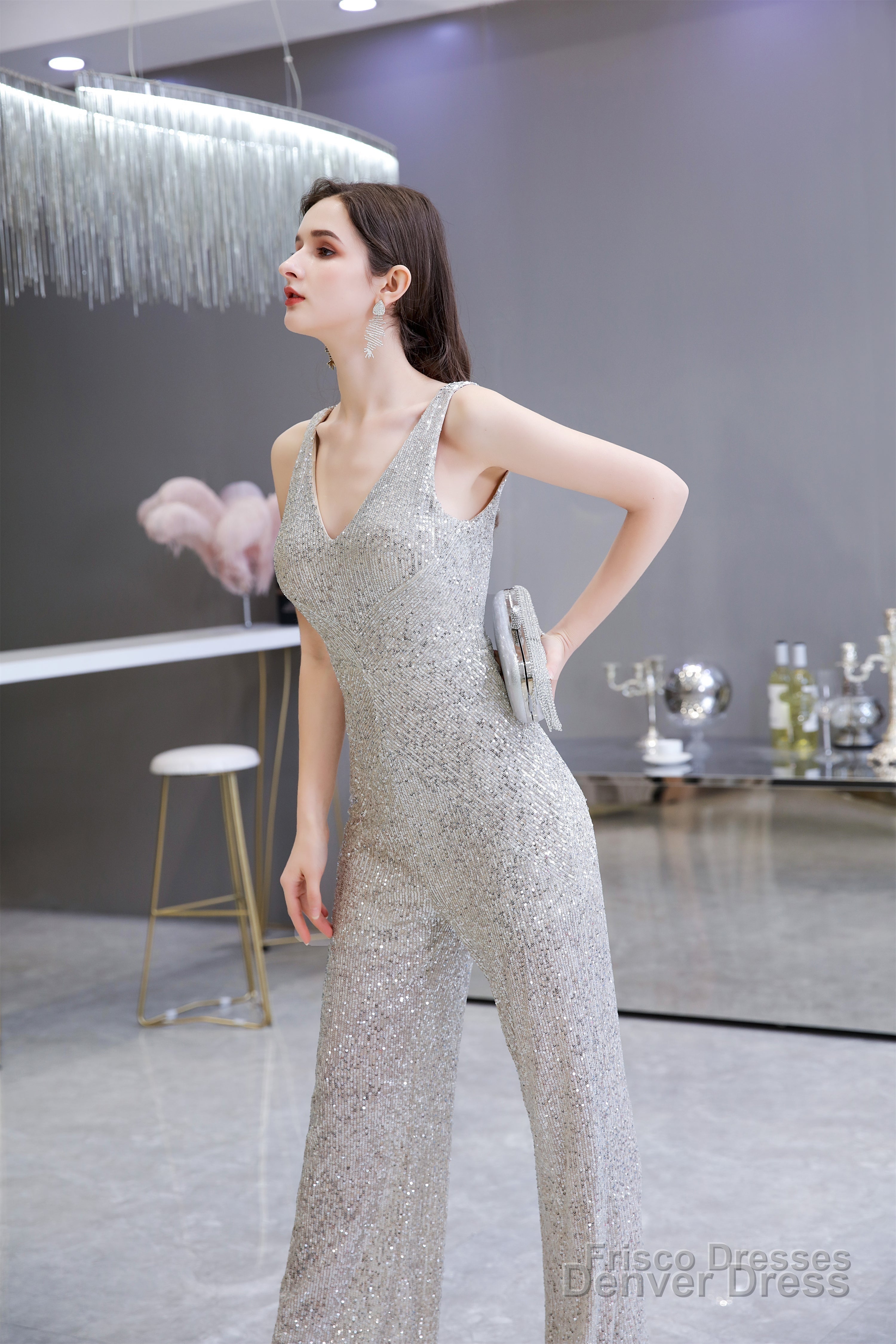 Shining V Neck Sequin Sleeveless Prom Jumpsuit