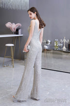Shining V Neck Sequin Sleeveless Prom Jumpsuit