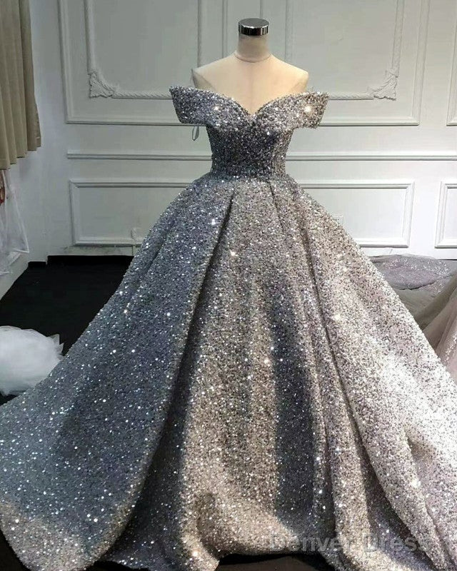 Silver Wedding Dress Sequins Ball Gown Off Shoulder