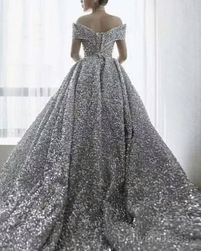 Silver Wedding Dresses Sequins Ball Gowns Off Shoulder