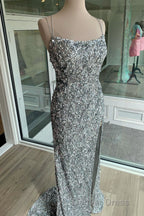 Sparkle Tiffany Blue Sequins Long Prom Dresses with Slit