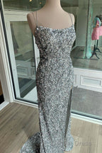 Sparkle Tiffany Blue Sequins Long Prom Dresses with Slit