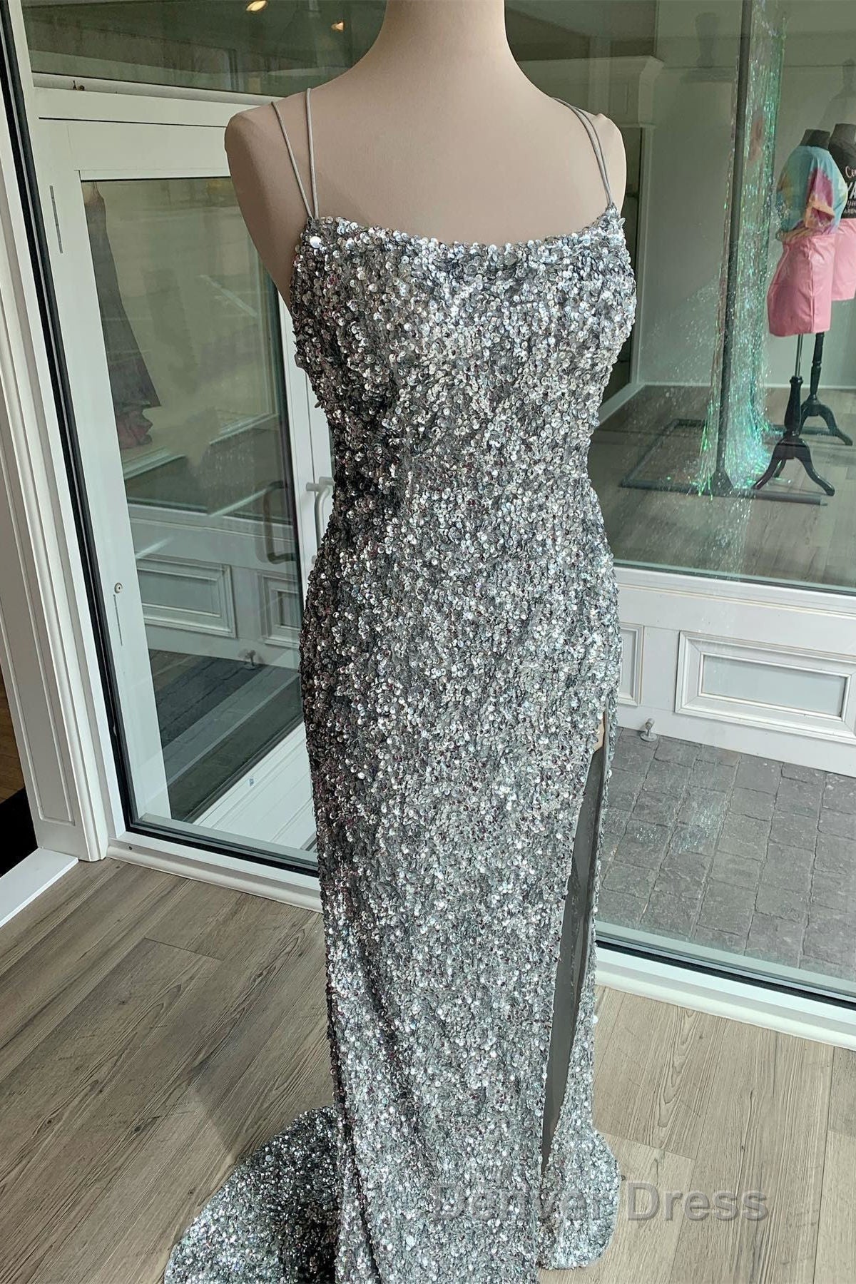 Sparkle Tiffany Blue Sequins Long Prom Dresses with Slit
