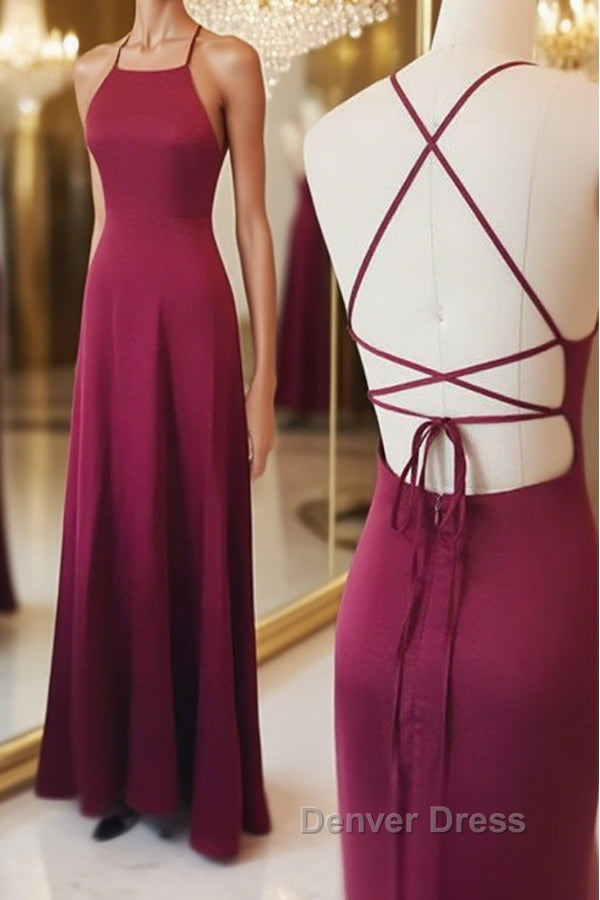 Simple A Line Backless Burgundy Satin Long Prom Dress, Burgundy Prom Dress, Burgundy Prom Dresses