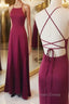 Simple A Line Backless Burgundy Satin Long Prom Dress, Burgundy Prom Dress, Burgundy Prom Dresses