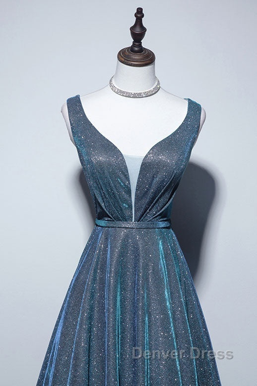 Simple  A-Line Blue Long Prom Dresses, Blue Formal Dresses Secondary image