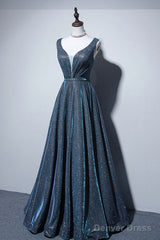 Simple  A-Line Blue Long Prom Dress, Blue Formal Dresses