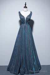 Simple  A-Line Blue Long Prom Dress, Blue Formal Dresses