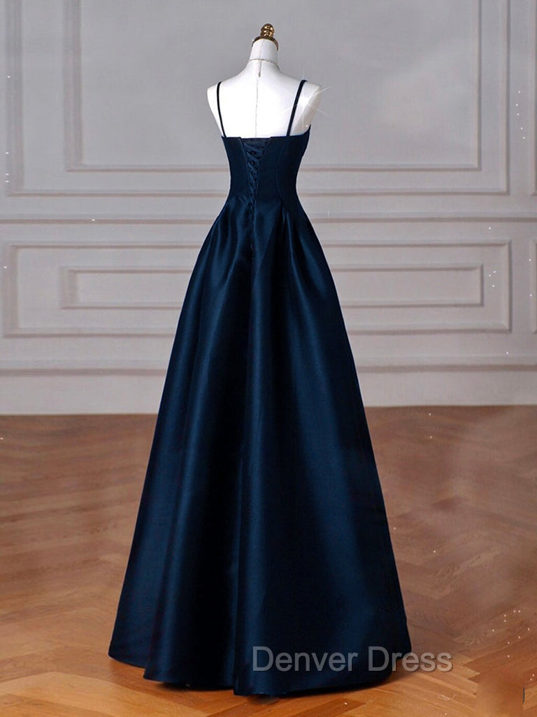 Simple A-Line Dark Blue Satin Long Prom Dresses, Dark Blue Long Formal Dresses Secondary image