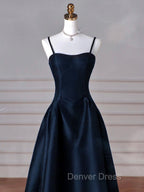 Simple A Line Dark Blue Satin Long Prom Dress, Dark Blue Long Prom Dresses