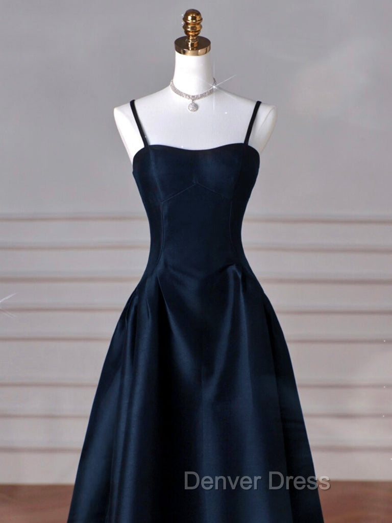 Simple A Line Dark Blue Satin Long Prom Dress, Dark Blue Long Prom Dresses