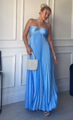 Simple A Line Halter Blue Sleeveless Long Prom Dress
