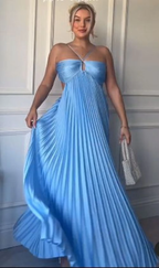 Simple A Line Halter Blue Sleeveless Long Prom Dress