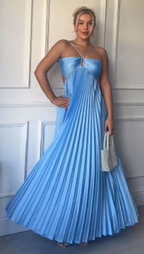 Simple A Line Halter Blue Sleeveless Long Prom Dress